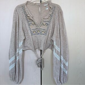 POL Women's Puff Long‎ Sleeve Button Back Embroidered Crop Top Brown Size M